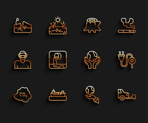 Sticker - Set line CO2 emissions in cloud, Oil tanker ship, Earthquake, Hands holding globe, Car exhaust, Wastewater, Electric saving plug leaf and icon. Vector