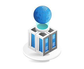 Aufkleber - Global network isometric concept. 3d server with globe. Vector illustration.