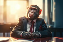 Monkey Wearing Suit In Office. Businessman Monkey Sitting At Office. AI Generated, Human Enhanced.