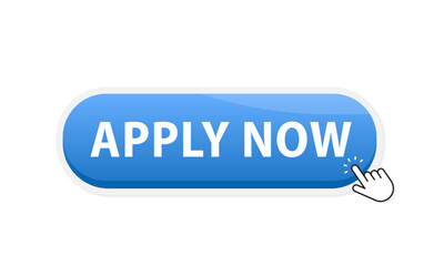 Poster - Apply now button. Blue eps10 realistic Badge. Pointer click. Cursor icon. Web template apply now. Vector illustration