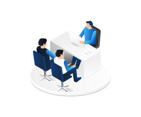 Aufkleber - Business meeting isometric vector illustration. Group of business people sitting at the table and talking.