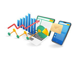 Aufkleber - Laptop mobile phone and business graph. Isometric vector illustration.