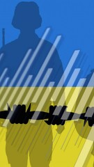 Poster - Animation of fence over soldiers and flag of ukraine