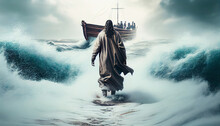 Bible Narratives About Jesus Walking On Water. The Disciples Saw Jesus Walking On The Water In The Storm. Christian Bible Character. AI Generated