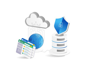 Poster - Cloud computing concept. Data center, cloud storage, server and shield. Isolated vector illustration