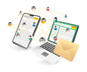 Poster - Mobile phone and laptop with group of people. Isometric vector illustration.