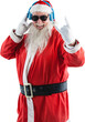 Cheerful Santa Claus showing hand sign while listening to music on headphones