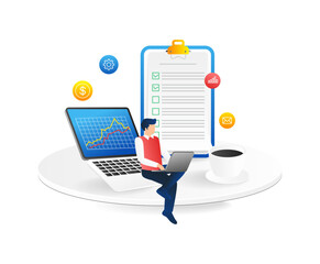 Poster - Businessman sitting on the table with laptop and report. Flat vector illustration.