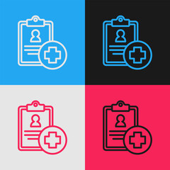 Poster - Pop art line Medical clipboard with clinical record icon isolated on color background. Prescription, medical check marks report. Vector