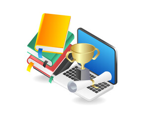 Poster - Laptop books and trophy on white background. Vector illustration.