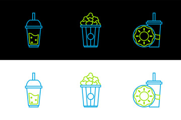 Sticker - Set line Paper glass with drinking straw and donut, Glass of lemonade and Popcorn cardboard box icon. Vector