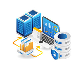 3d isometric illustration concept of maintaining big data web hosting server