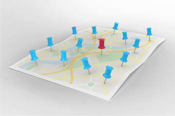 Poster - Red pointer surrounded by blue markers on world map
