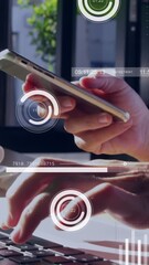 Poster - Animation of financial data processing over businessmen using laptop and smartphone