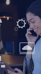 Poster - Animation of falling icons over diverse group of business people