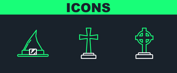 Wall Mural - Set line Tombstone with cross, Witch hat and icon. Vector