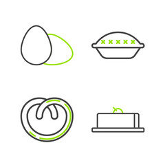 Sticker - Set line Strawberry cheesecake slice, Pretzel, Homemade pie and Chicken egg icon. Vector