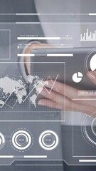 Poster - Animation of screens with data processing over businessmen using tablet