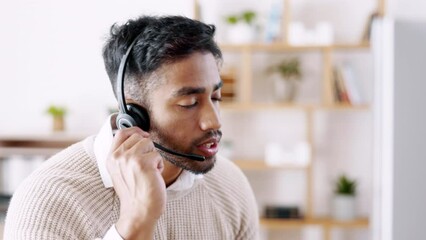 Poster - Businessman, call center and consulting with headphones on computer in customer service or support at office. Happy and friendly man consultant or agent talking on PC with headset for online advice