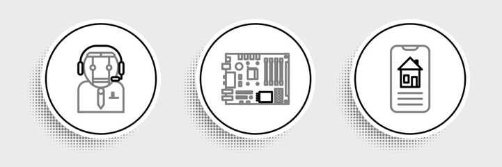 Poster - Set line Smart home, Worker robot and Electronic computer components motherboard digital chip icon. Vector