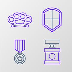 Sticker - Set line Handle detonator for dynamite, Military reward medal, Shield and Brass knuckles icon. Vector