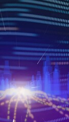 Poster - Animation of lights moving in metaverse city over navy background with yellow and green lights