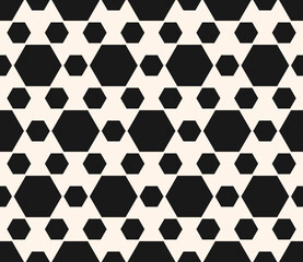 Wall Mural - Monochrome seamless pattern, vector abstract endless black and white geometric background. Simple modern wallpaper with different sized hexagons. Repeat tiles. Design for print, furniture, fabric