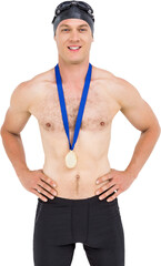 Poster - Victories swimmer posing with gold medal around his neck