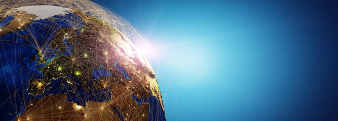 Wall Mural - Globalization and communication concept. Earth and luminous rays. 3d rendering