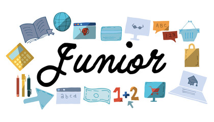 Wall Mural - Junior text surrounded by various colorful vector icons