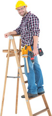 Wall Mural - Repairman climbing ladder while holding power drill