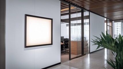 Wall Mural - corporate branding white blank frame mockup with modern business offices background - Generative AI