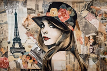 Young Fashion Woman With Flower Decoration In Paris. Paper Art Collage. Generative AI