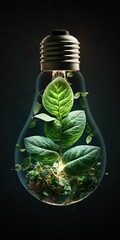 Wall Mural - Green eco friendly lightbulb from fresh leaves top view, created with Generative AI technology