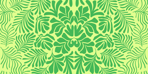 Yellow lime green abstract background with tropical palm leaves in Matisse style. Vector seamless pattern with Scandinavian cut out elements.