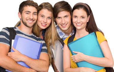 Poster - Happy students holding folders at college corridor