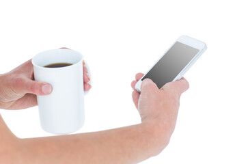 Poster - Woman using smartphone while holding coffee