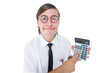 Geeky smiling businessman showing calculator 