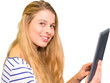 Portrait of happy female student using digital tablet