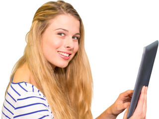 Wall Mural - Portrait of happy female student using digital tablet