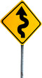 Winding road warning sign over white background
