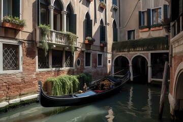 Wall Mural - A boat in a canal between two buildings Generative AI