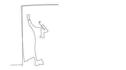 Poster - Self drawing animation of single line draw Arab businesswoman sad lost her opportunity. Depressed office worker wailing on wall losing job. Depressive disorder. Continuous line. Full length animated