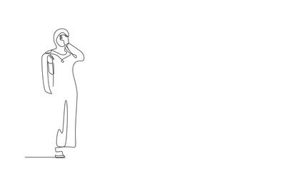 Poster - Self drawing animation of single line draw financial problems. Sad Arab businesswoman standing thinking about finding money for paying bills during crisis. Continuous line draw. Full length animated