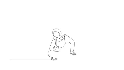 Poster - Self drawing animation of single line draw Arab businesswoman who is asking questions because she gets into problem. Running out of idea, daydreaming, depressed. Continuous line. Full length animated