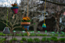 Colorful Ceramic Pots Painted In Spring Patterns Hanging On A Tree On Strings In The Garden