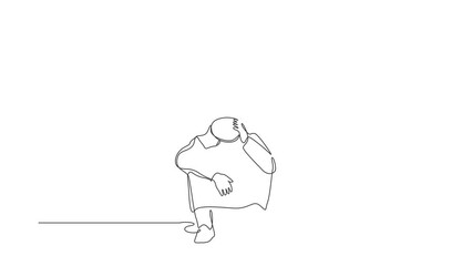Poster - Animated self drawing of continuous line draw Arab businessman feeling sad, depression, holding head, and sitting on floor. Frustrated worker mental health problems. Full length one line animation