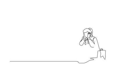 Poster - Animated self drawing of continuous line draw sad businesswoman cover face by hands and sitting on the floor. Depression disorder, sad, sorrow, disappointment symptom. Full length one line animation
