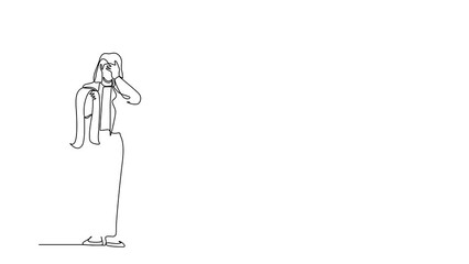 Poster - Self drawing animation of single one line draw financial problems and bankruptcy. Sad businesswoman standing thinking about finding money for paying bills. Continuous line draw. Full length animated