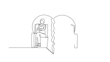 Poster - Self drawing animation of single line draw stubborn Arab couple sit separate on cut couch have family quarrel. Angry mad man woman lovers avoid ignore talking. Continuous line. Full length animated